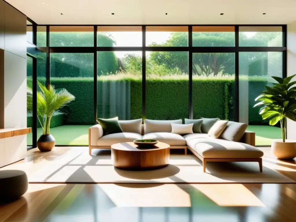 Salón minimalista con muebles de madera, plantas y luz natural, reflejando los principios básicos de biofilia en el hogar