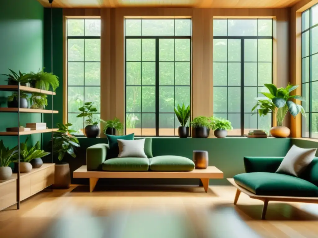 Un salón minimalista con muebles modernos y plantas de interior no tóxicas en un estante de madera, bañado por luz natural