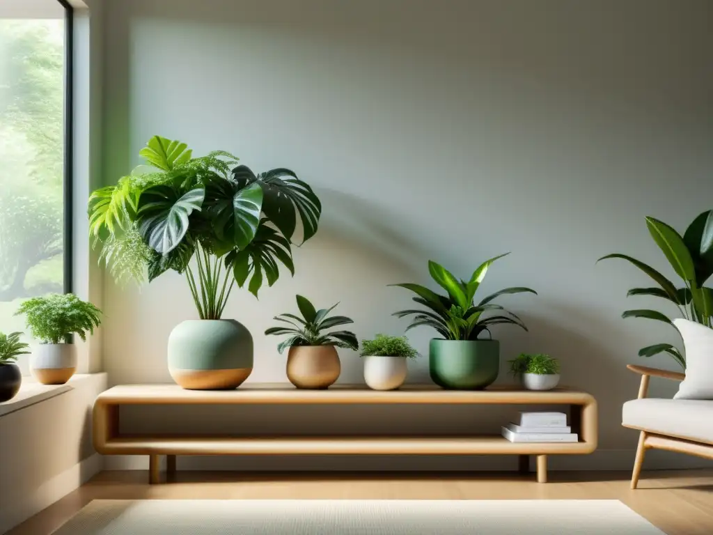 Serenidad verde: sala minimalista con plantas en macetas neutras Salón minimalista con plantas colgantes en estantería de madera, destacadas por la luz natural