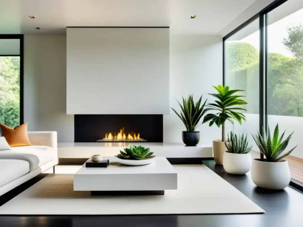 Salón minimalista con plantas integradas, ventana de piso a techo y luz natural