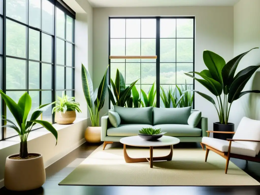 Salón minimalista con plantas de interior que reducen ruido, bañado en luz natural y con un ambiente tranquilo y sereno