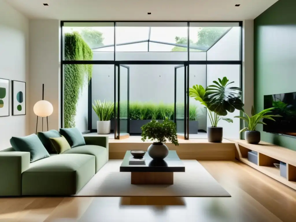 Salón minimalista con plantas de interior para aire puro, inundado de luz natural a través de ventanales altos