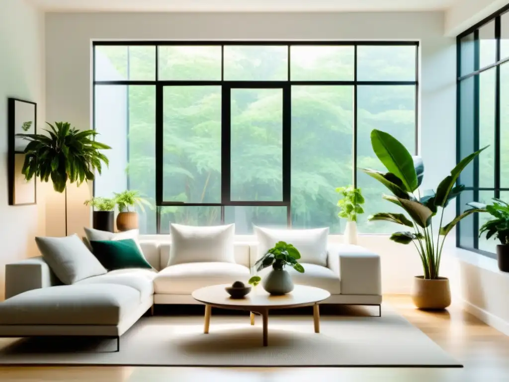 Salón minimalista con plantas de interior para reducir estrés, iluminado suavemente por grandes ventanas, creando un espacio calmado y sereno