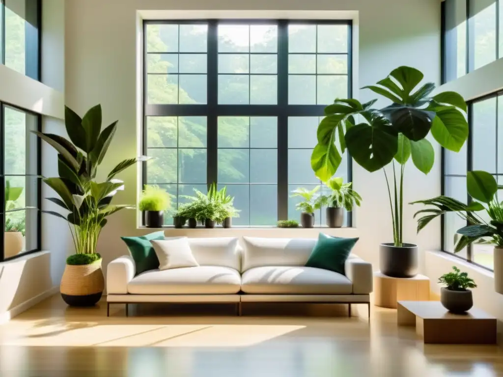 Un salón minimalista con plantas de interior que aportan energía y calma