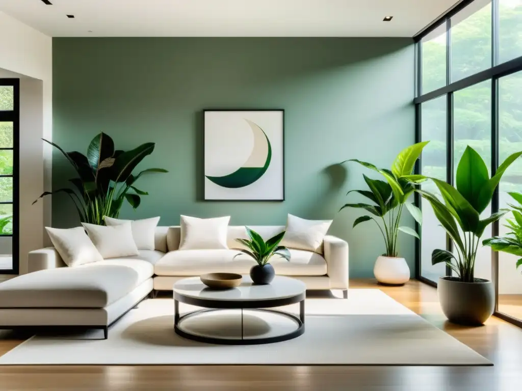 Salón minimalista con plantas verdes para una atmósfera serena Salón minimalista con plantas de interior, Beneficios de plantas de interior para salud mental