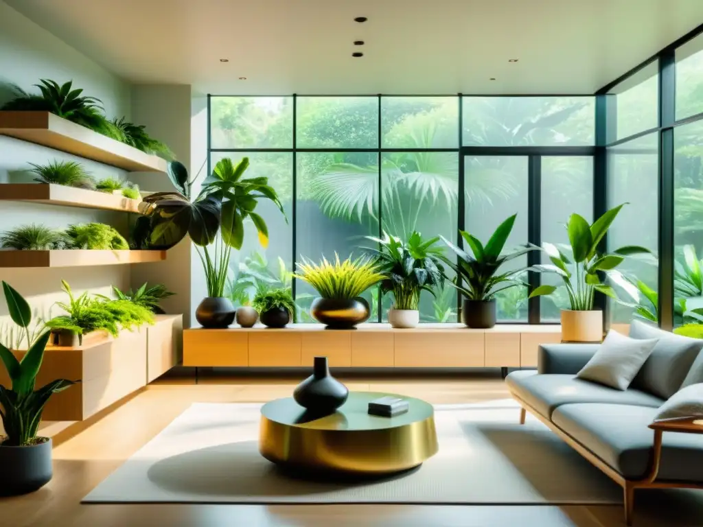 Un salón minimalista con plantas de interior purificadoras de aire en modernos soportes y estantes, bañado por la luz natural