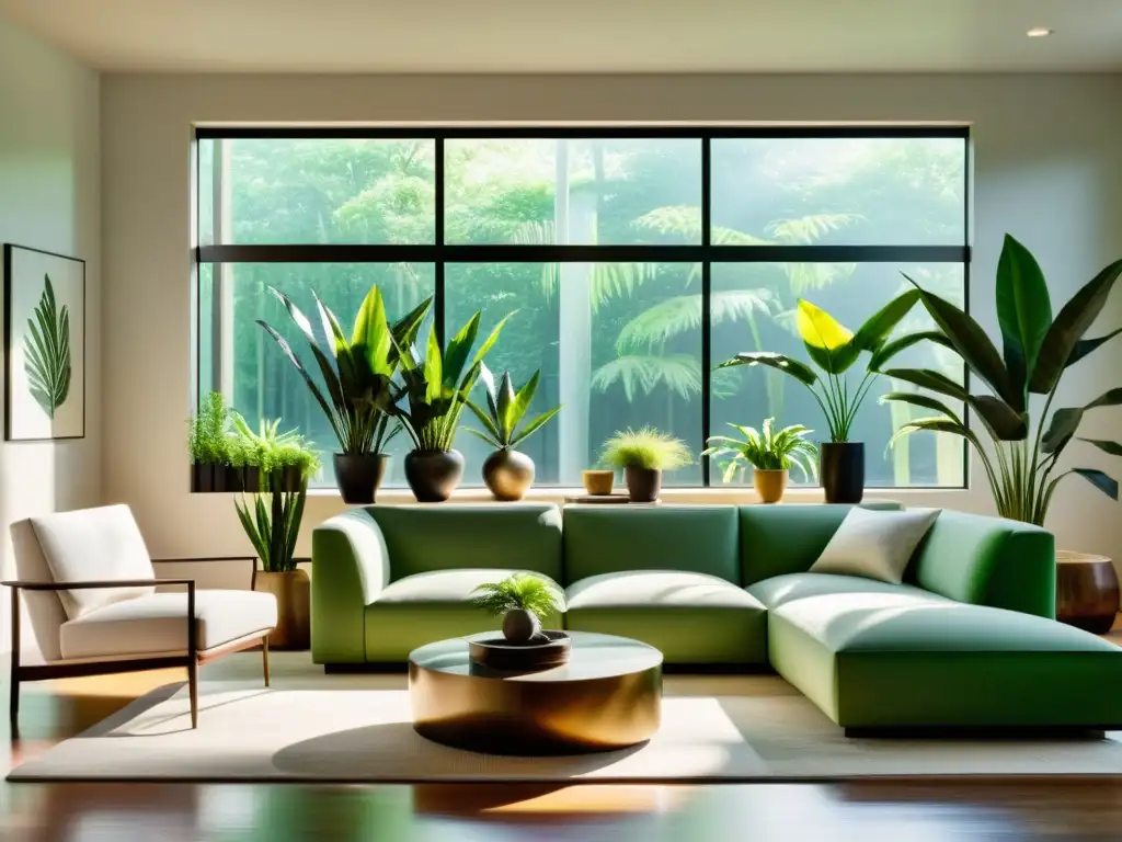 Salón minimalista con plantas de interior para enfriar, iluminado por luz natural y ambiente sereno