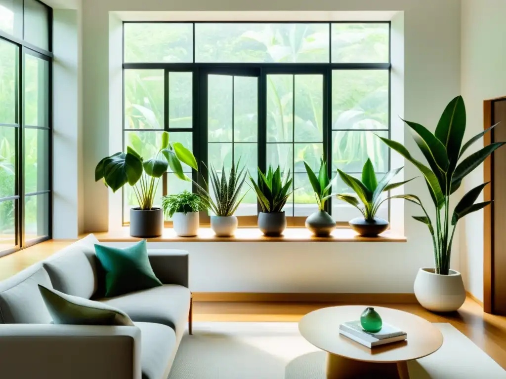 Un salón minimalista con plantas de interior para enfriar, bañado por luz natural