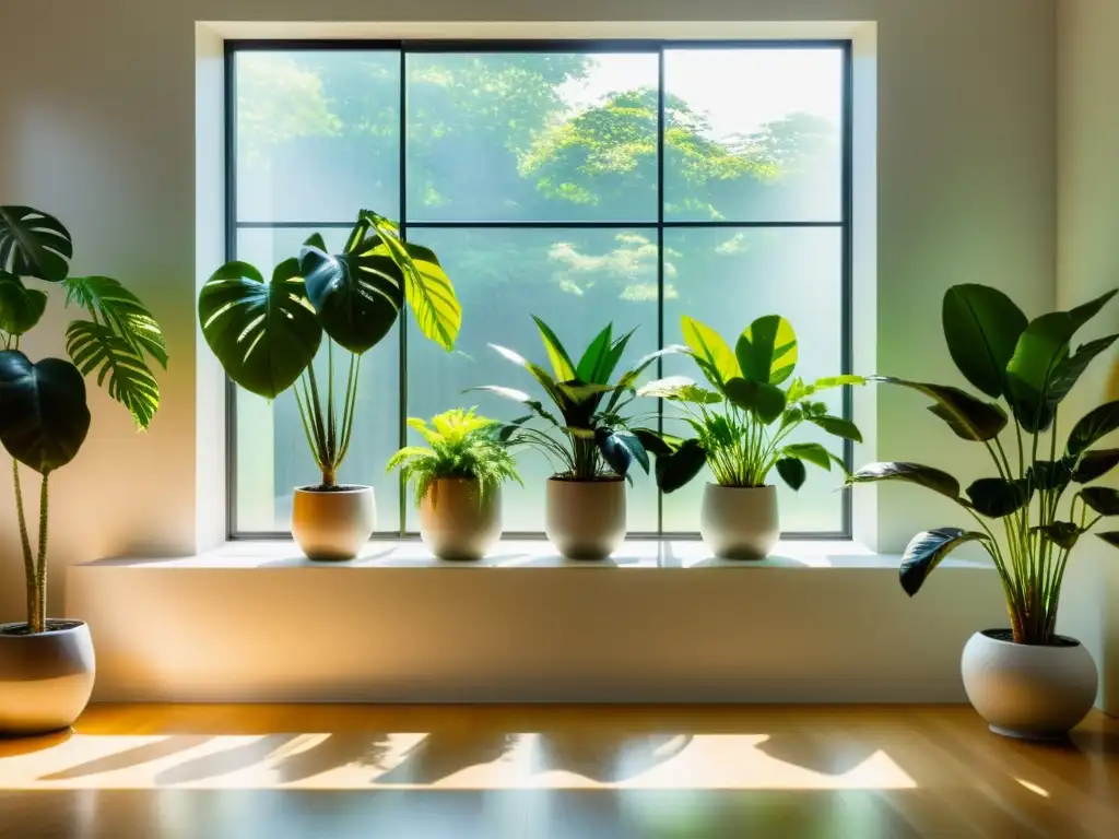 Un salón minimalista con plantas de interior impactantes y distribución armoniosa para crear un ambiente tranquilo y elegante