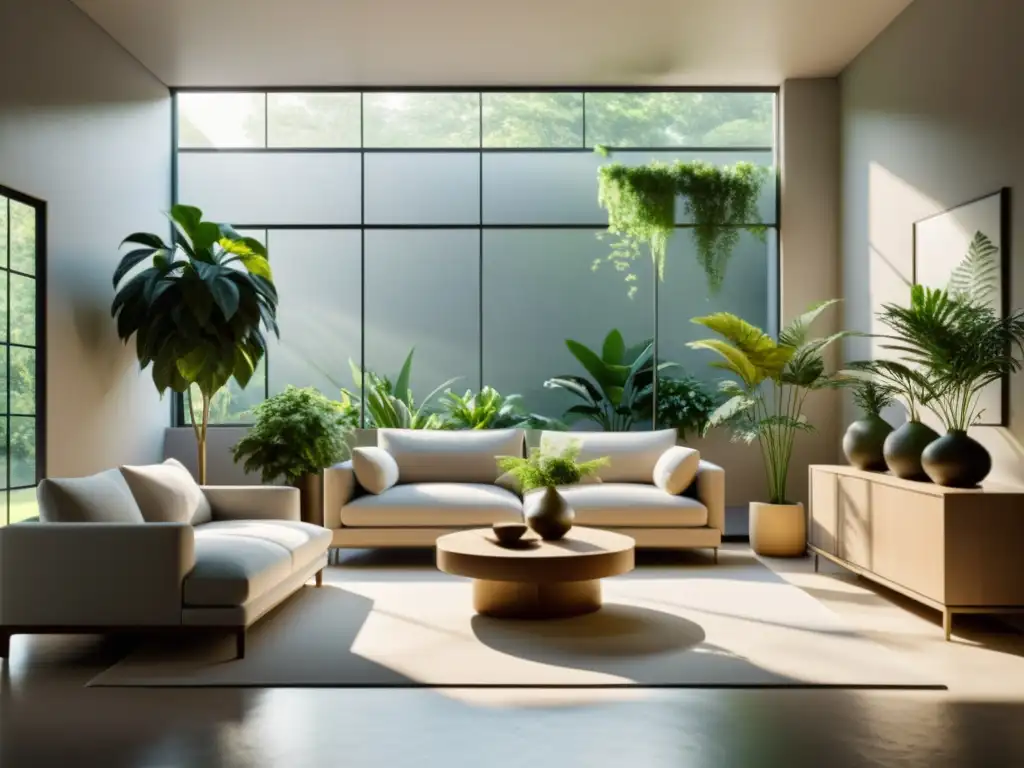 Salón minimalista con plantas de interior que irradian energía hogareña y armonía