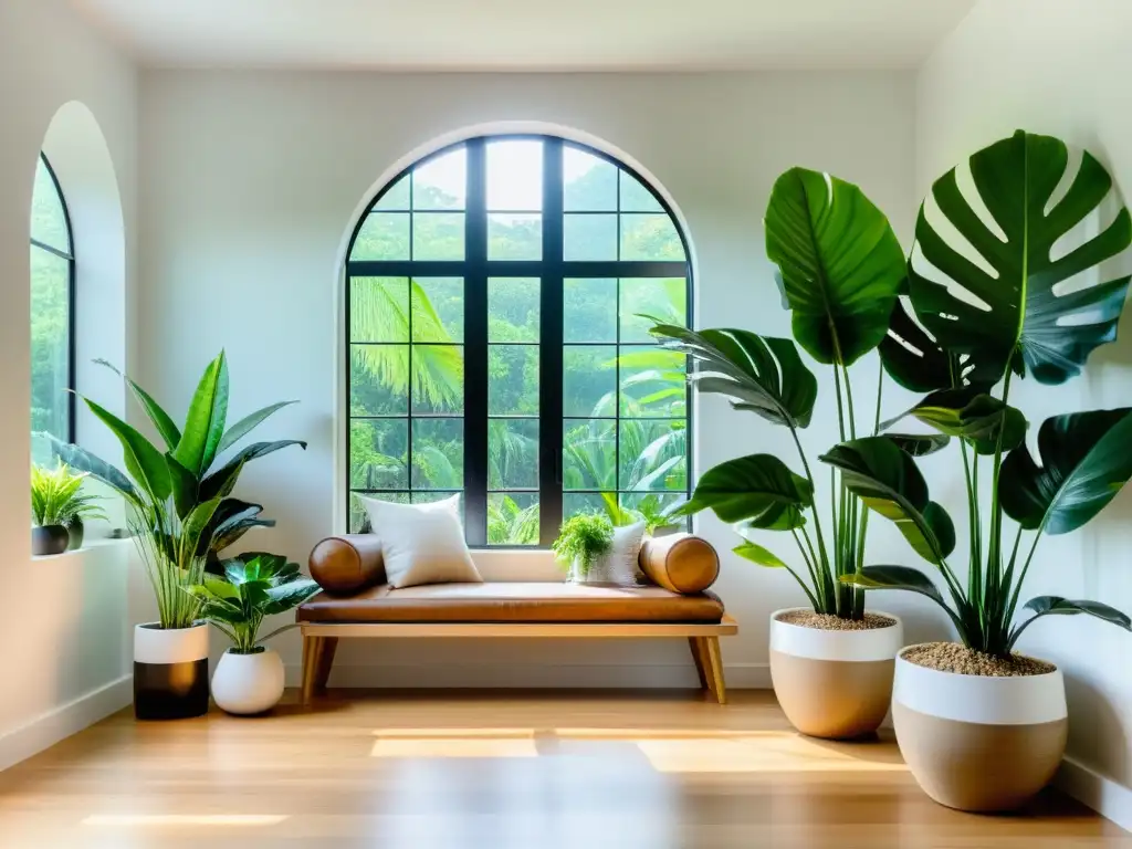 Un salón minimalista con plantas de interior para mejorar estado de ánimo, iluminado por luz natural y creando un ambiente sereno y calmado