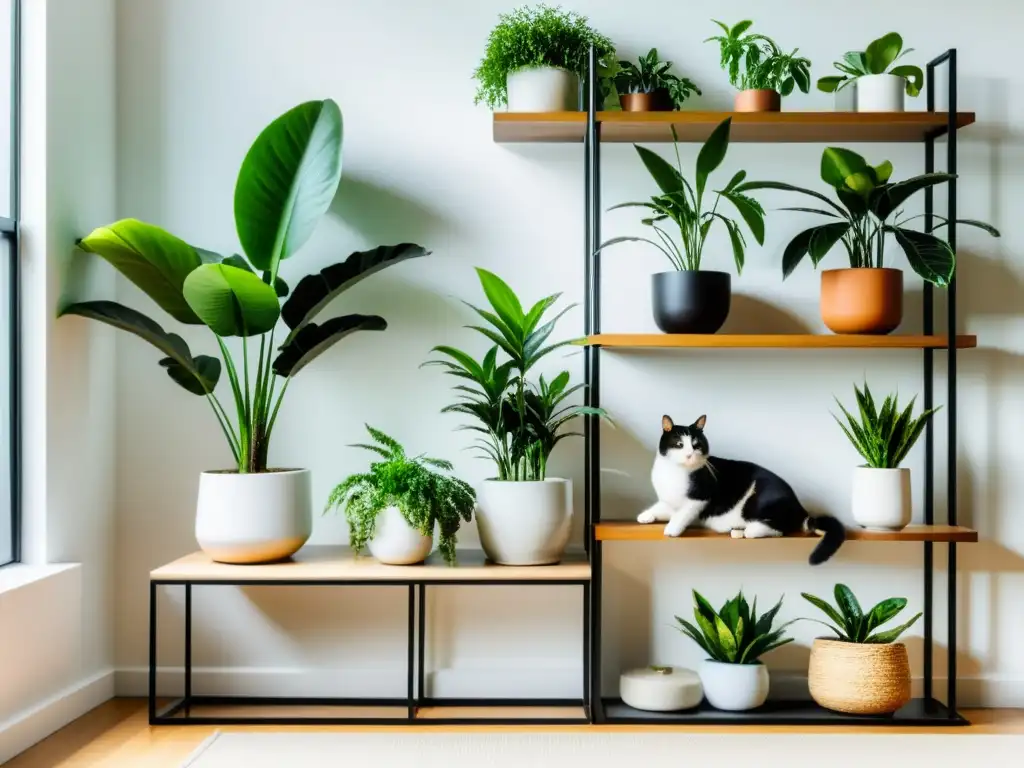 Salón minimalista con plantas de interior seguras para mascotas en un espacio moderno y armonioso