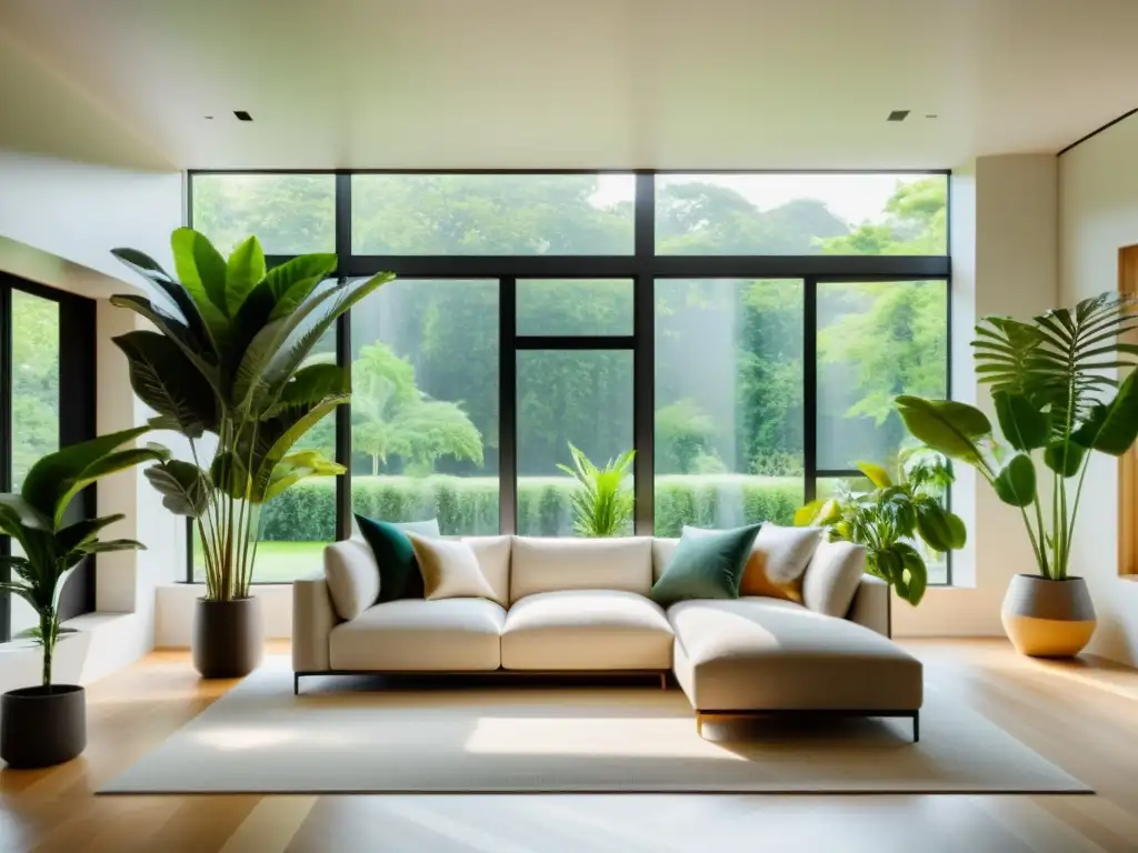 Salón minimalista con plantas de interior estilo sustentable y luz natural en 8k