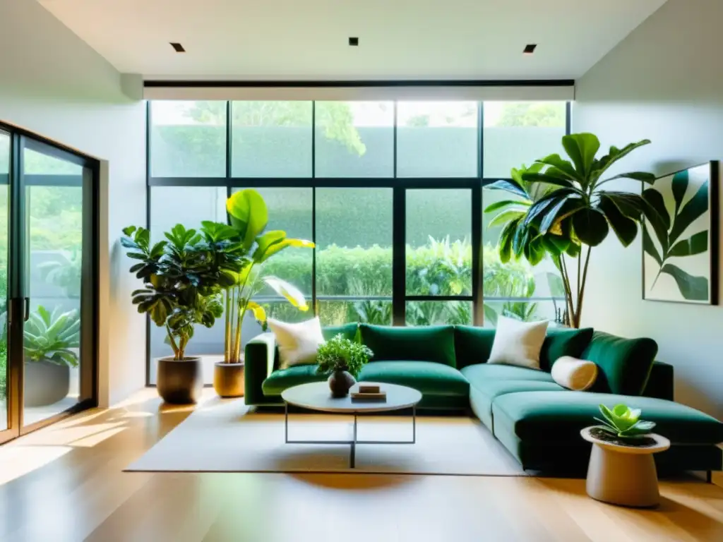 Un salón minimalista con plantas de interior que crean un ambiente sereno y vibrante, resaltando los beneficios de las plantas de interior