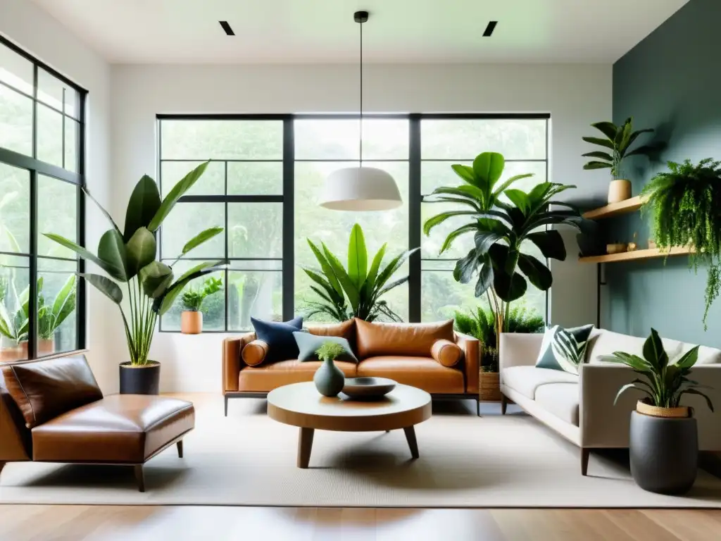 Salón minimalista con plantas de interior estilo sustentable, iluminado por luz natural y decorado con elegancia ecochic