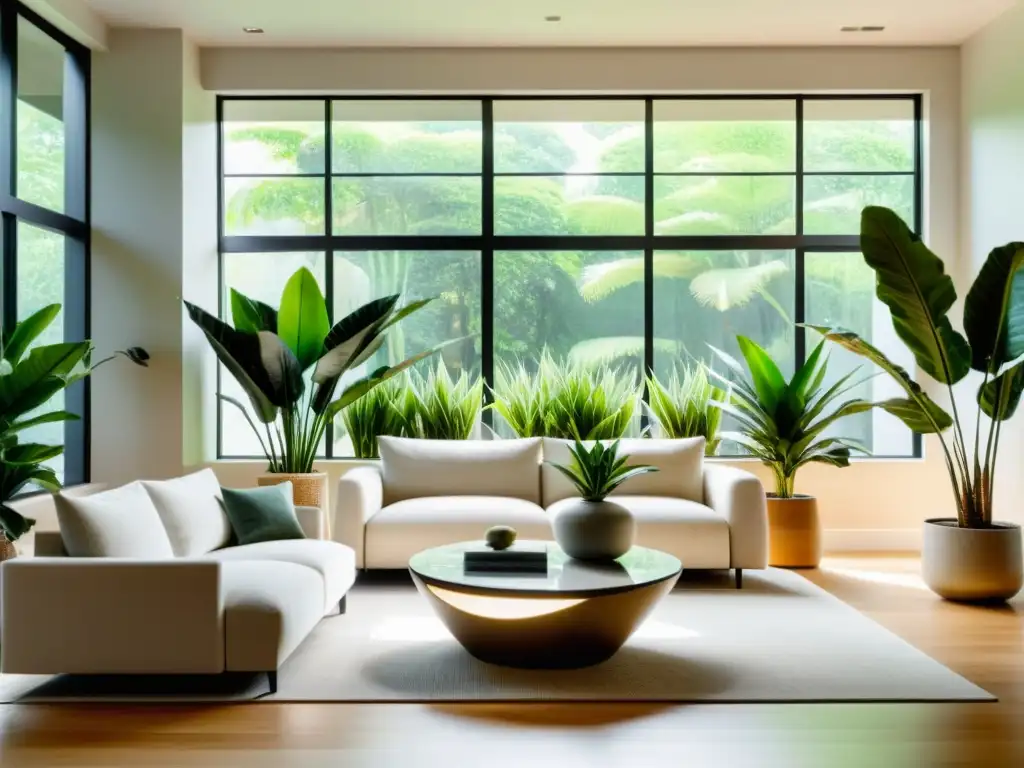 Salón minimalista con plantas de interior y decoración estacional