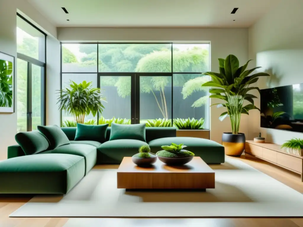 Salón minimalista con plantas de interior exhibidas con estilo en elegantes macetas, creando un ambiente armonioso y sofisticado