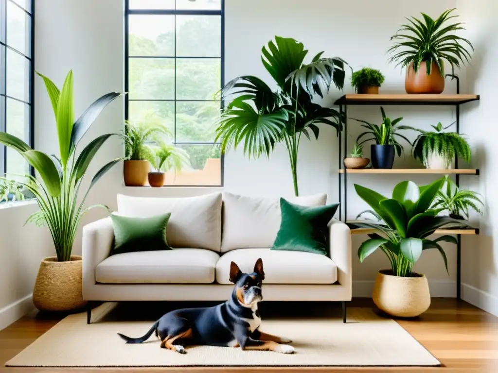 Salón minimalista con plantas de interior seguras para mascotas, bañado por luz natural, creando un ambiente cálido y acogedor