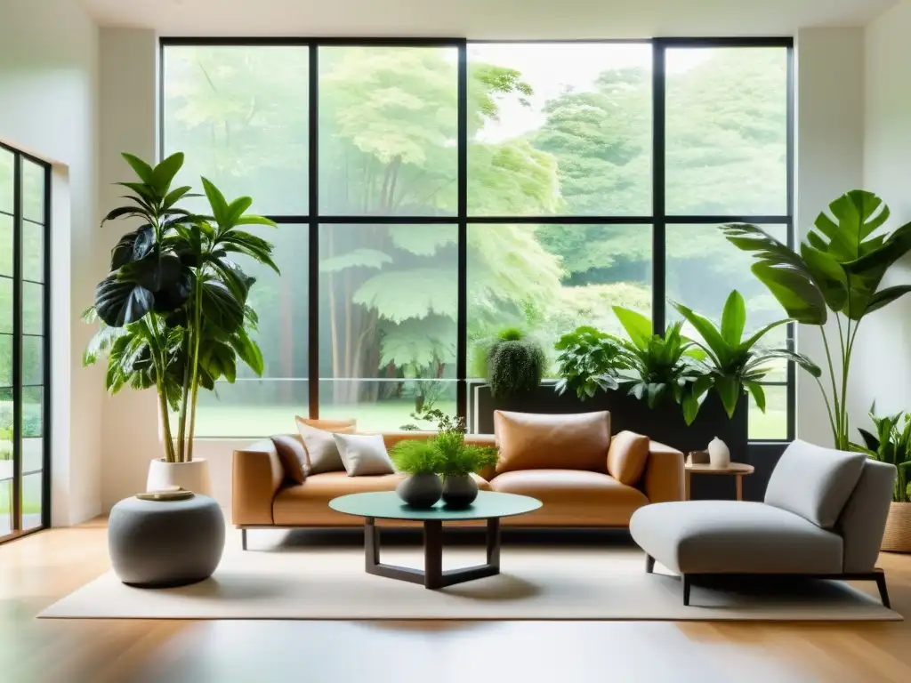 Salón minimalista con plantas de interior, creando un ambiente tranquilo y acogedor que aporta beneficios cuidado plantas interior