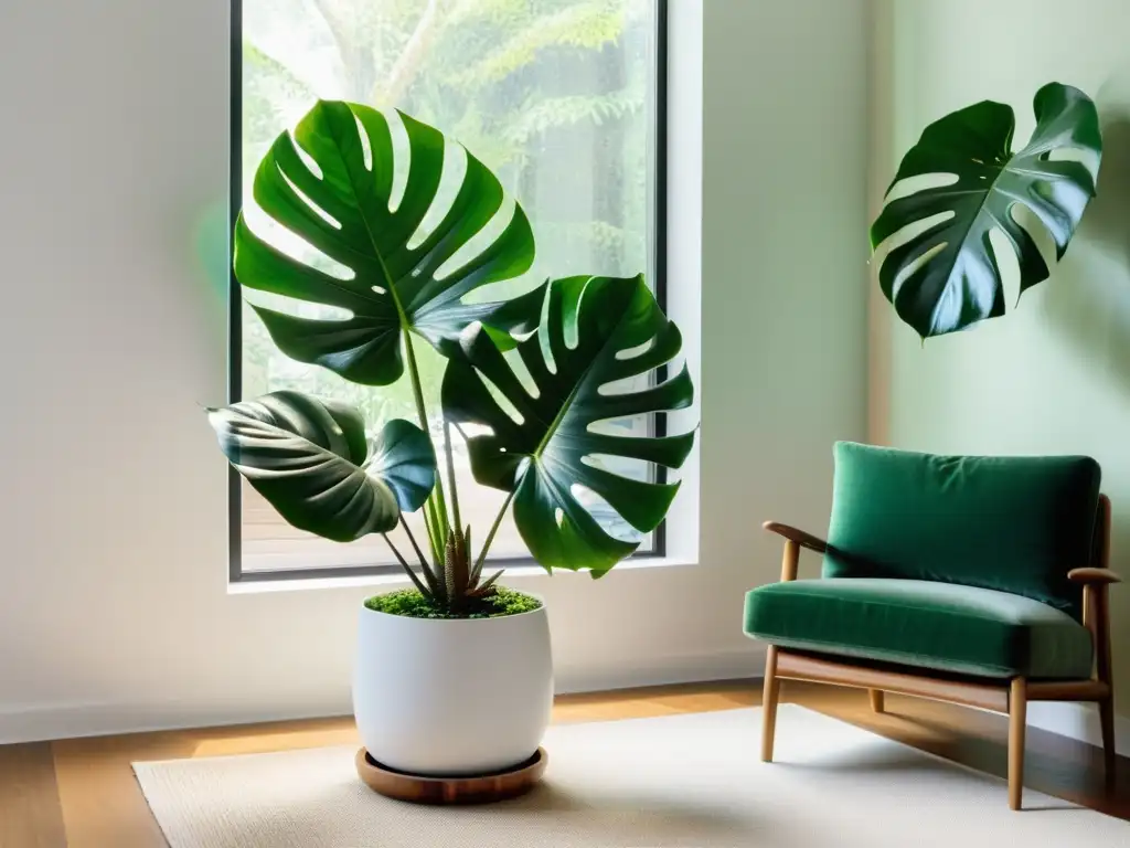 Un salón minimalista con plantas de interior que aportan beneficios emocionales