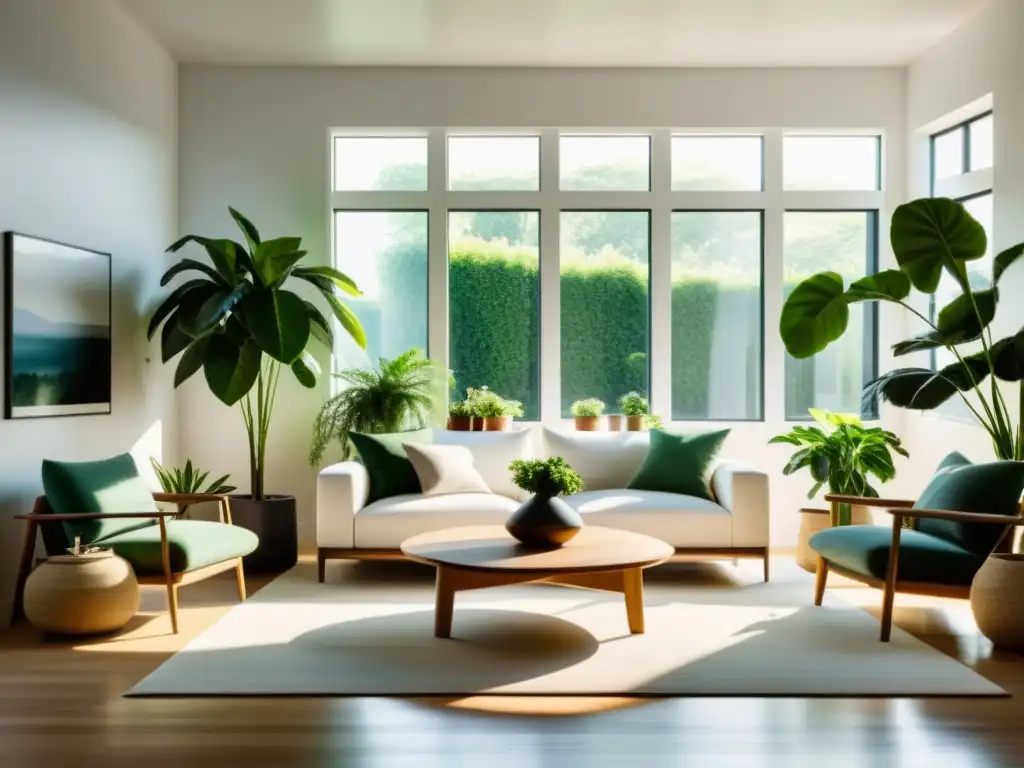 Salón minimalista con plantas de interior que aportan beneficios emocionales, creando armonía y tranquilidad