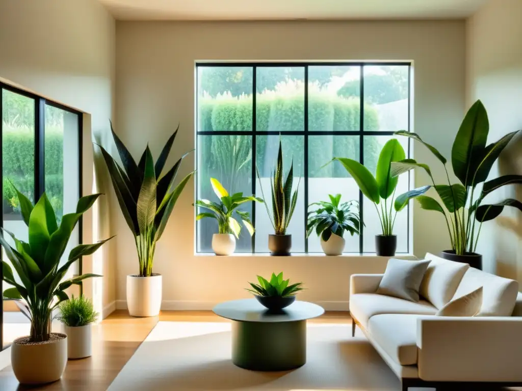 Salón minimalista con plantas de interior resistentes al aire acondicionado, bañado por luz natural y mobiliario moderno