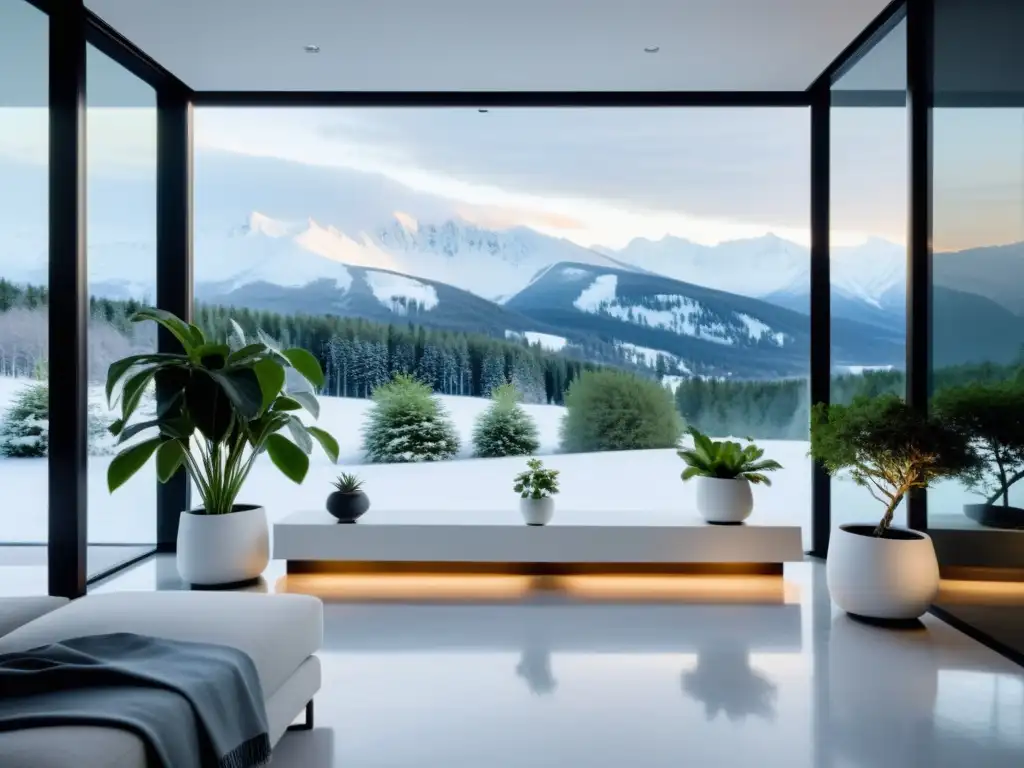 Un salón minimalista con plantas de interior resistentes al frío, bañado por la luz natural y una vista nevada impresionante