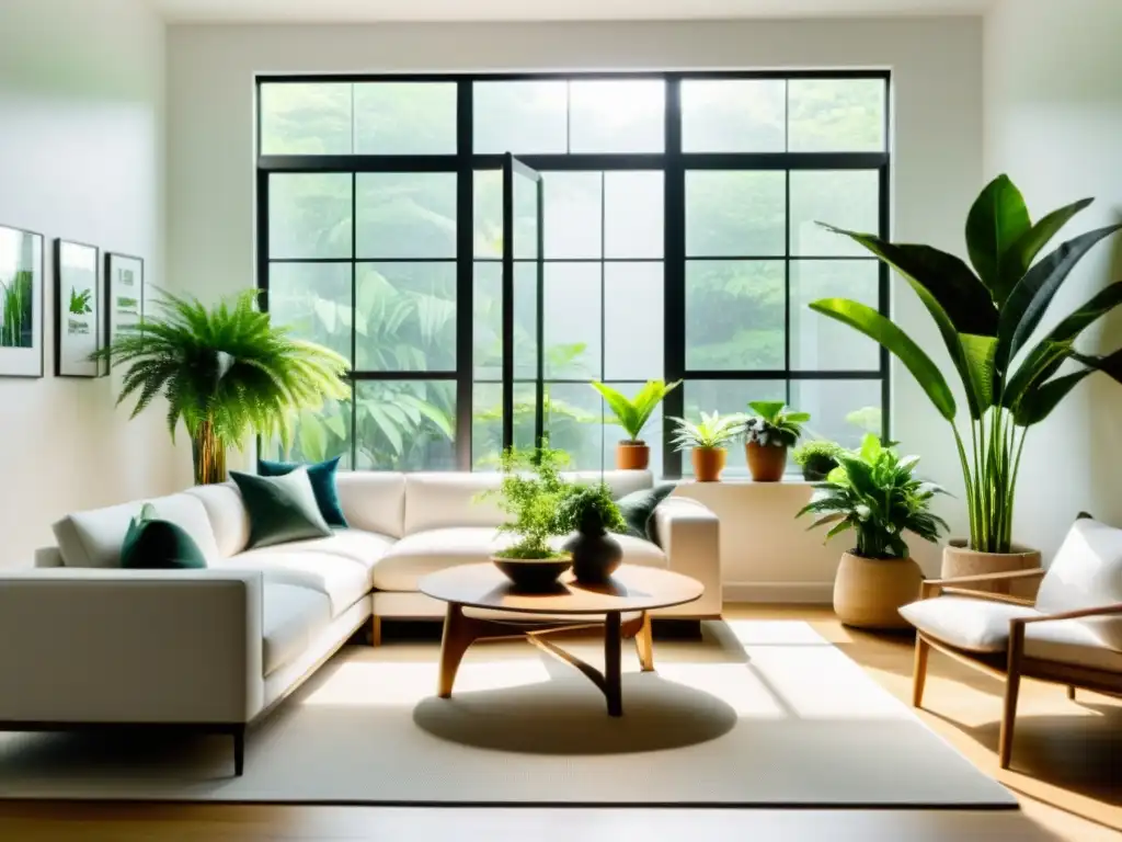 Un salón minimalista con plantas de interior estratégicamente ubicadas para recibir poca luz, creando una atmósfera serena y acogedora