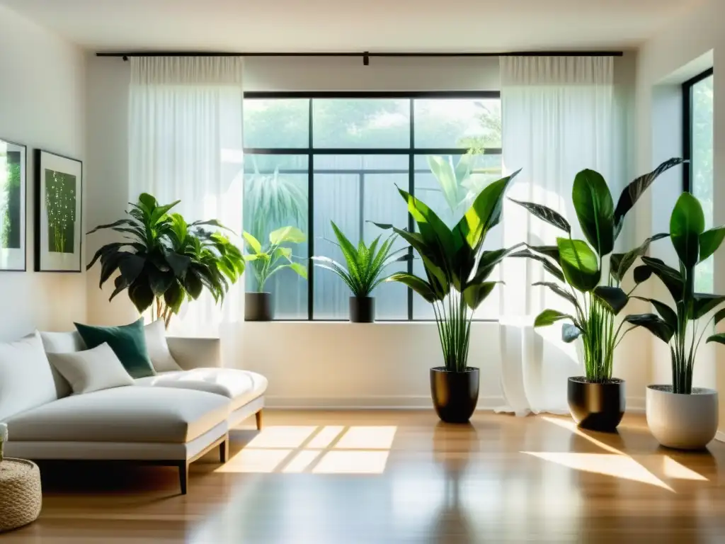 Un salón minimalista con plantas de interior de poca luz, iluminado por luz natural a través de una gran ventana