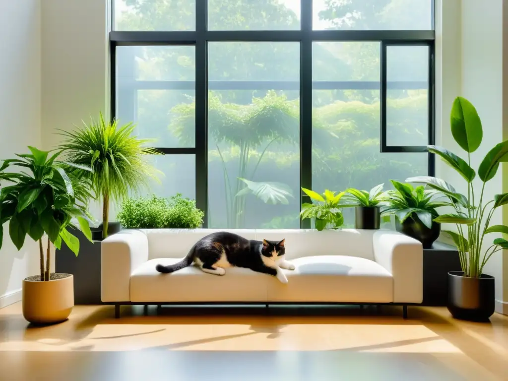 Un salón minimalista con plantas de interior no tóxicas y un gato relajado en un ambiente armonioso y sereno