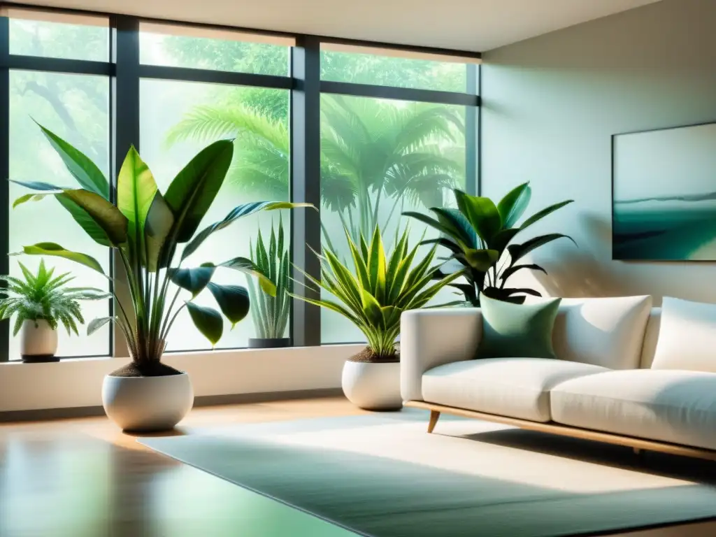 Un salón minimalista con plantas de interior purificadoras de aire en macetas modernas, iluminado por luz natural