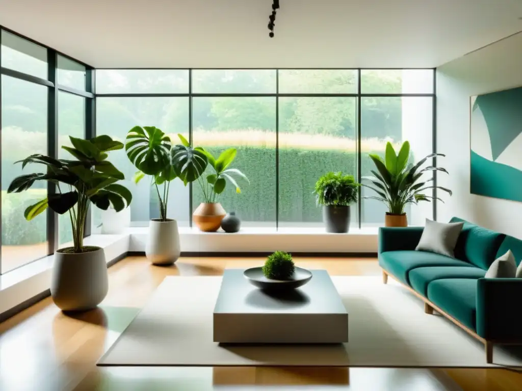 Un salón minimalista con plantas de interior que florecen, bañado por luz natural