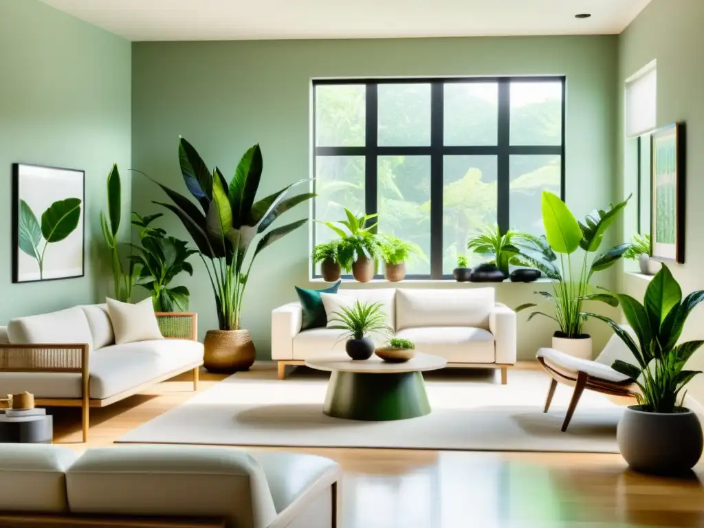 Un salón minimalista con plantas de interior que absorben toxinas, creando un ambiente tranquilo y acogedor con luz natural