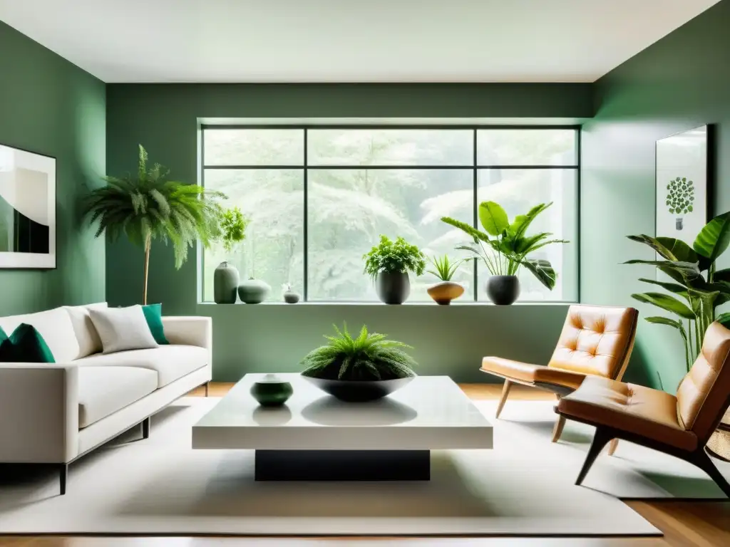 Salón minimalista con plantas de interior en macetas modernas, creando armonía y beneficios para el aire