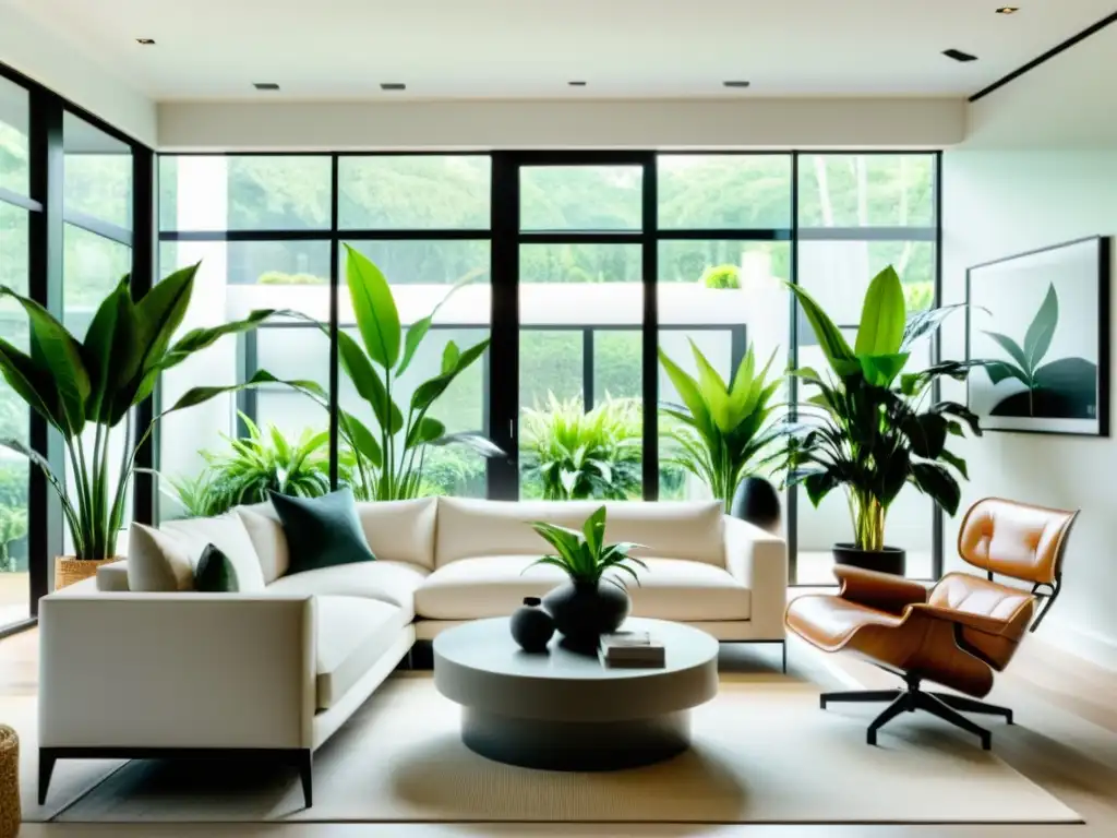 Un salón minimalista con plantas de interior purificadoras de aire, inundado de luz natural