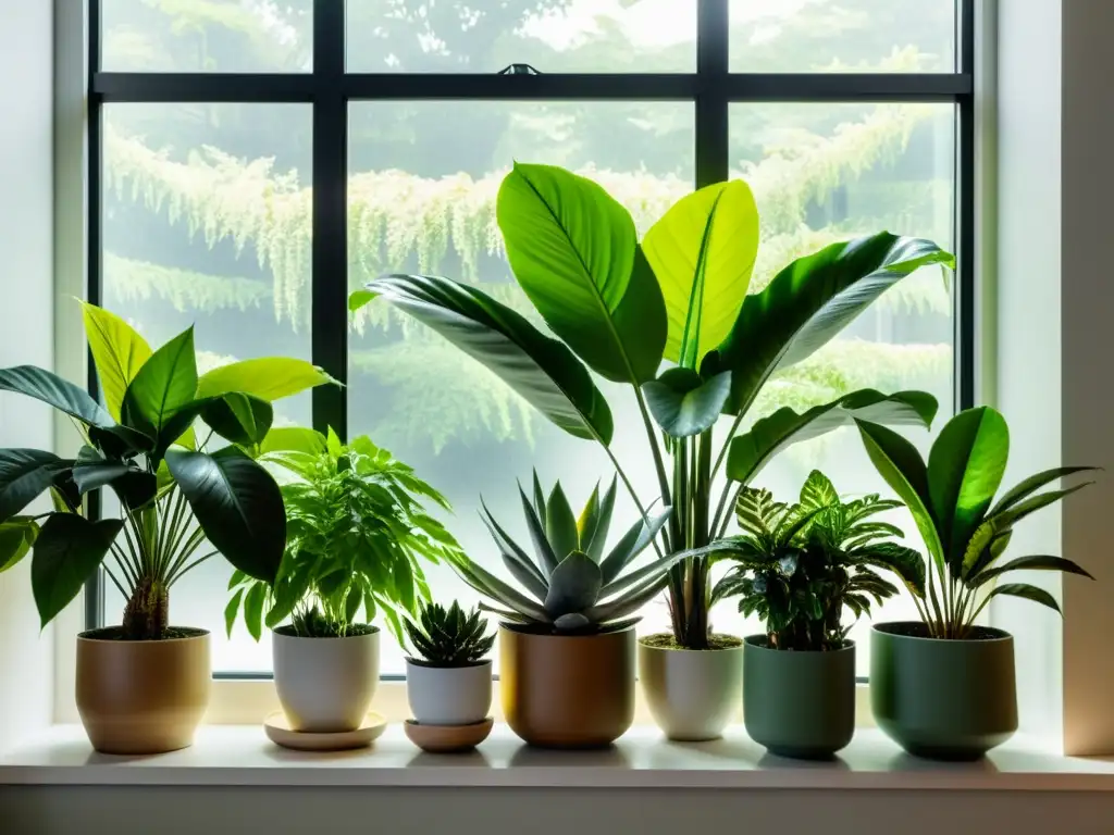 Un salón minimalista con plantas interiores exuberantes, que realzan la energía