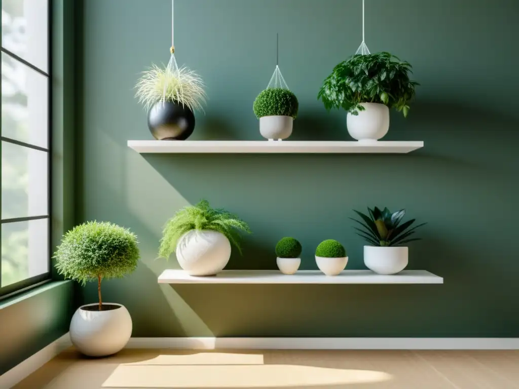 Un salón minimalista con kokedamas plantas sin maceta suspendidas en estantes blancos, iluminado por luz natural