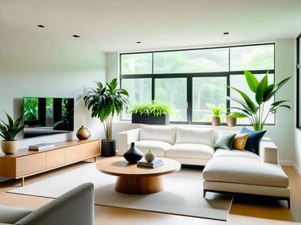 Salón minimalista con plantas purificadoras de aire para interiores, mobiliario moderno, luz natural y ambiente sereno