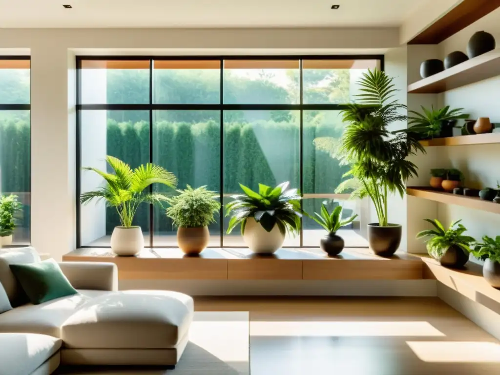 Sala minimalista con plantas vibrantes y luz natural Un salón minimalista con plantas sostenibles, bañado por la luz natural que resalta su diseño contemporáneo y paleta de colores neutros