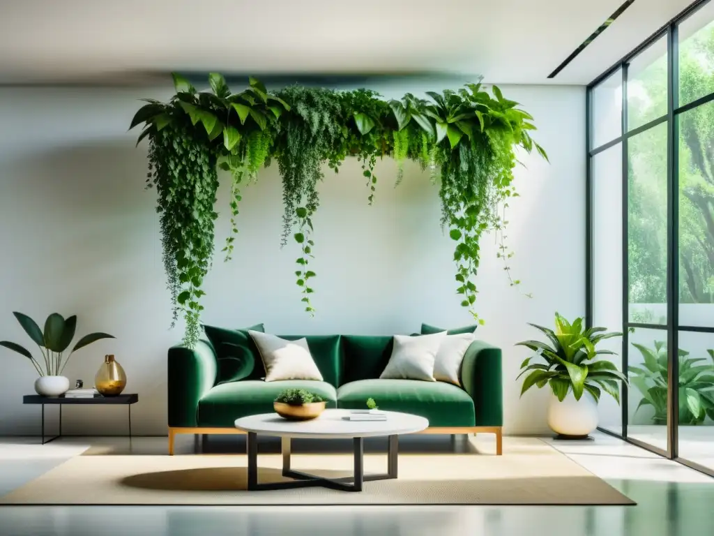 Un salón minimalista con plantas trepadoras para interiores que crean un contraste vibrante con la pared blanca