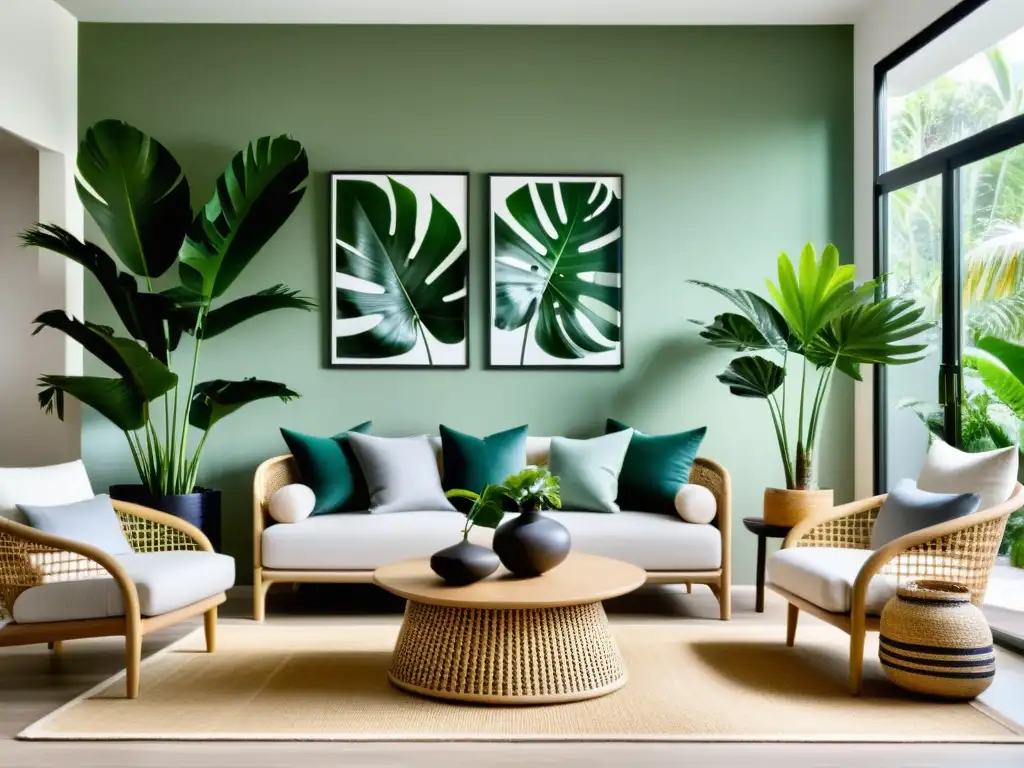 Un salón nórdico minimalista con plantas tropicales para interiores, combina elegancia y calidez orgánica