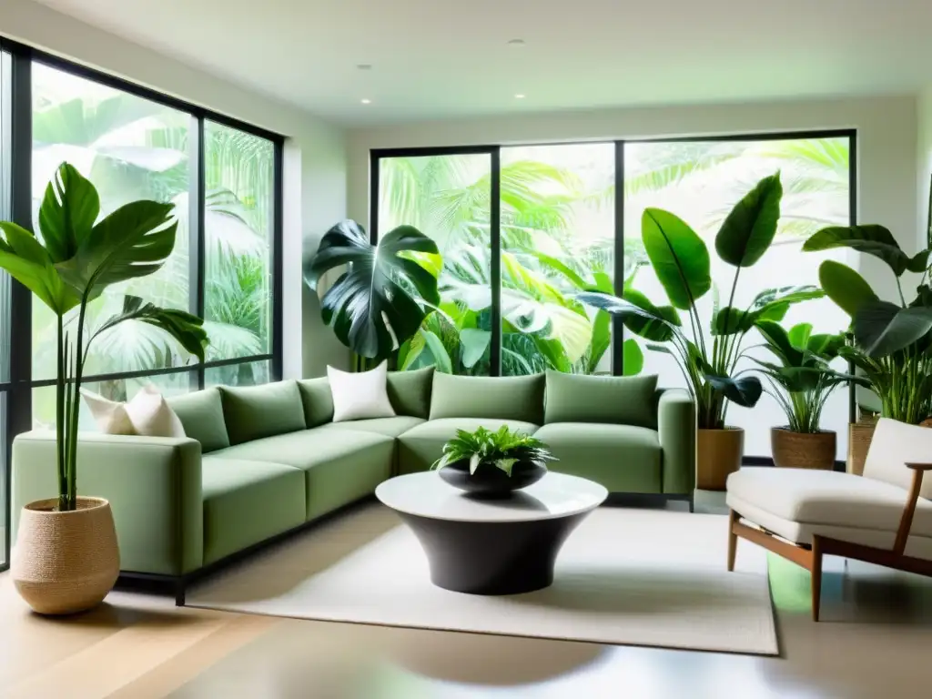 Salón minimalista con plantas tropicales en macetas modernas