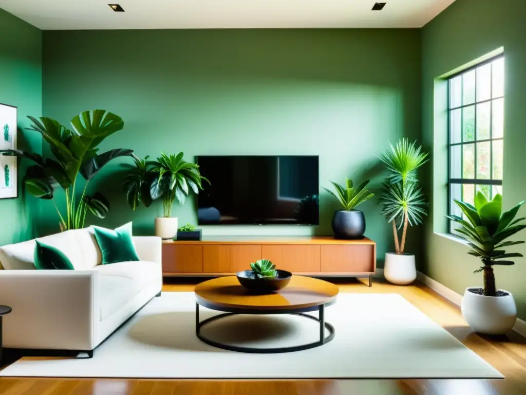 Un salón minimalista con plantas verdes inspirado en decorados de cine