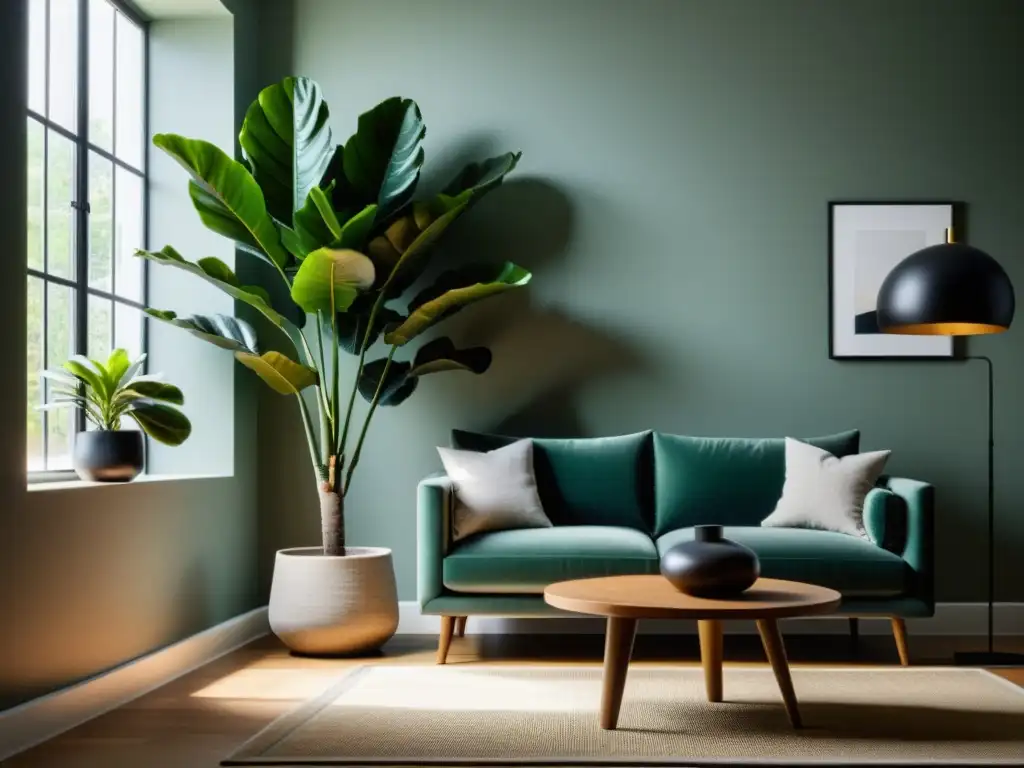 Un salón minimalista y sereno con una exuberante planta de ficus lyrata en la esquina, proyectando una suave sombra en la pared