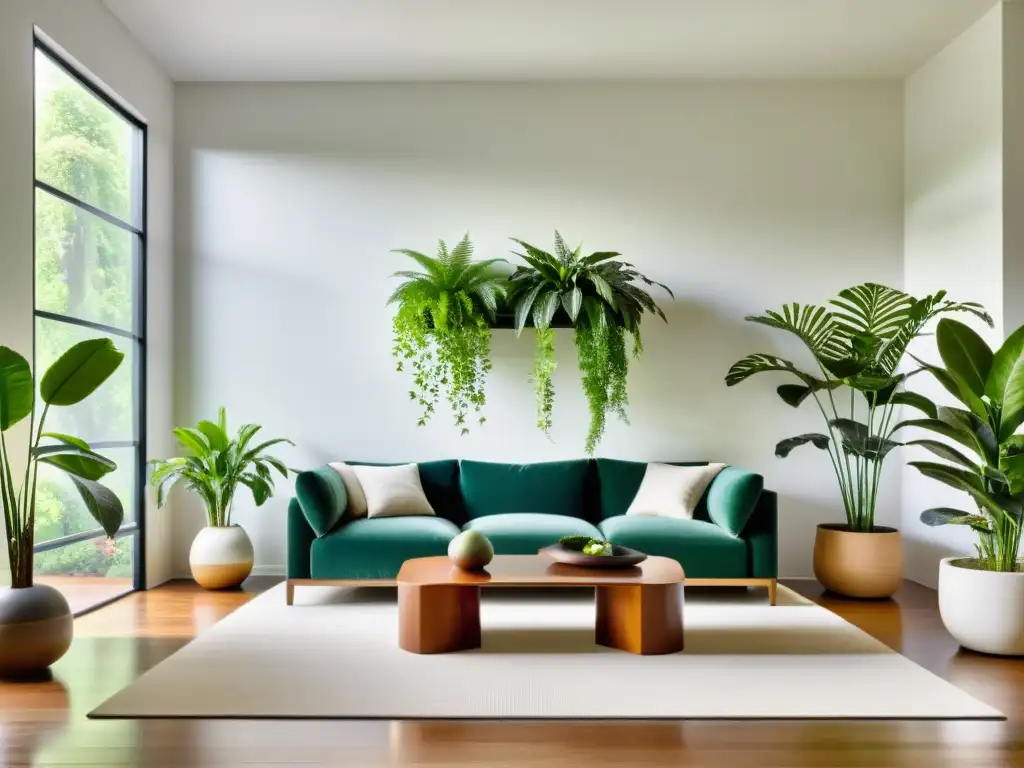 Un salón minimalista y sereno con plantas de interior estratégicamente ubicadas, creando un ambiente tranquilo