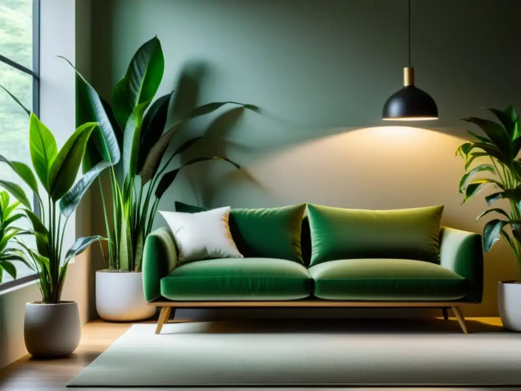 Un salón minimalista sereno con plantas de interior sin sol como sansevierias, potos y espatifilos, iluminado por luz natural suave