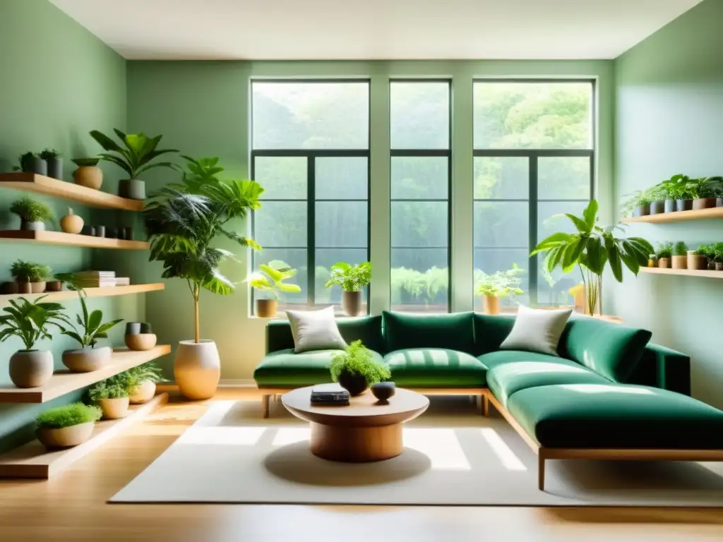 Salón minimalista con plantas verdes bajo luz natural Un salón minimalista y sereno con plantas de interior que aportan beneficios antidepresivos