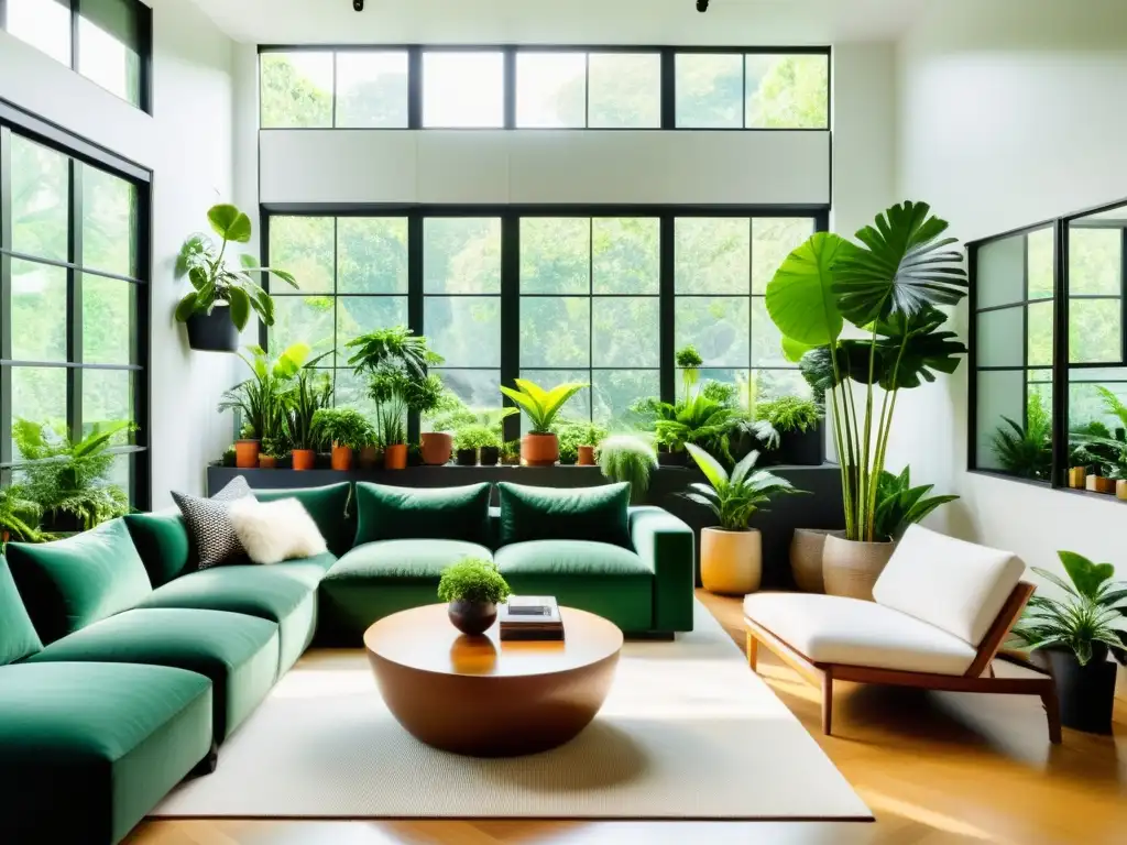 Salón minimalista urbano con abundantes plantas en macetas, ventanales y una atmósfera natural