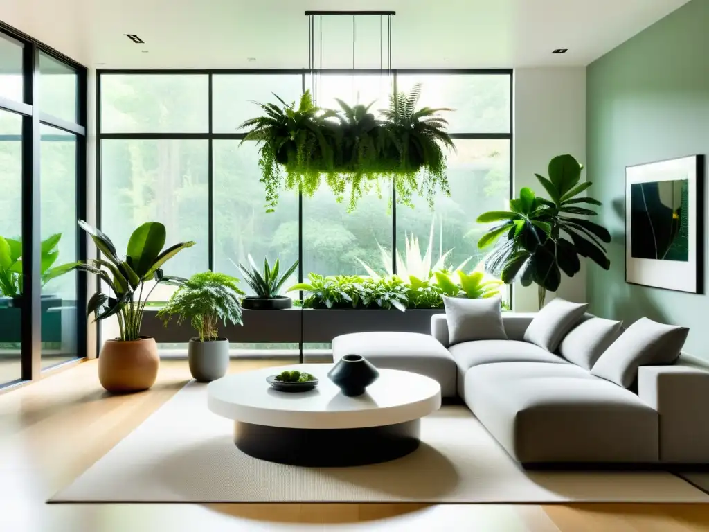 Salón minimalista con ventana panorámica, mesa de café blanca y plantas de interior combinadas para crear armonía y vida