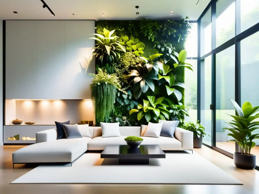 Salón minimalista con jardín vertical para plantas interiores, fusionando naturaleza y diseño contemporáneo en un espacio luminoso y armonioso